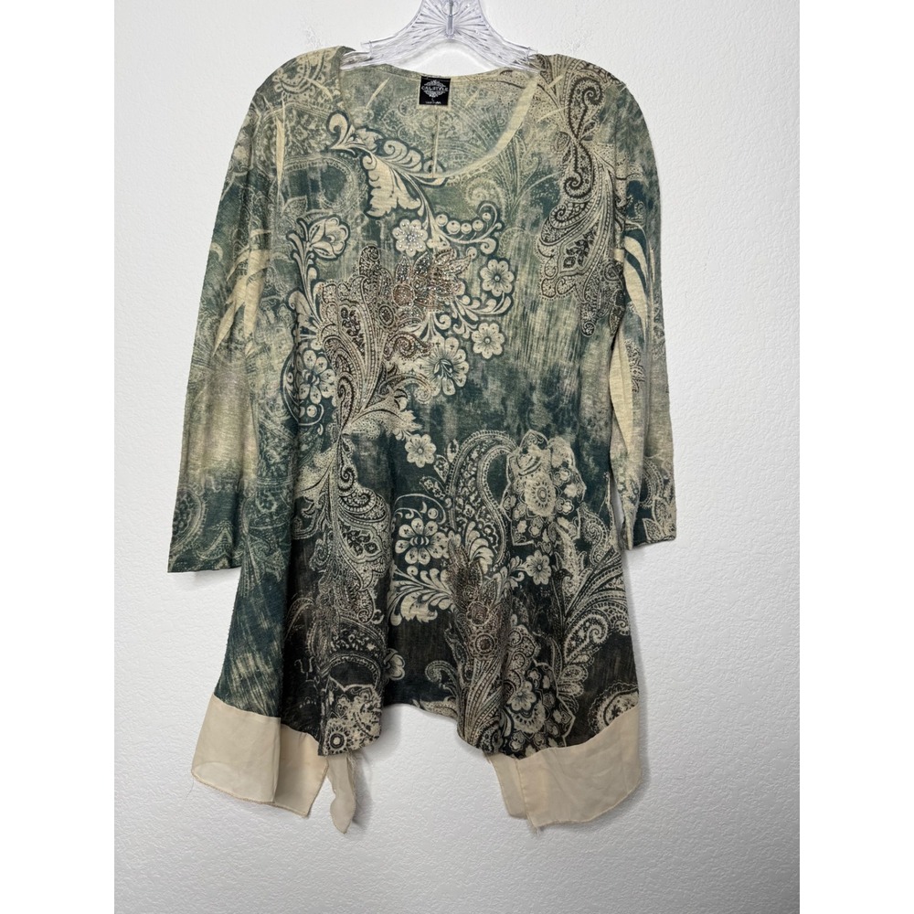 Cal Style Paisley Floral Tunic Top Green Cream Handkerchief Hem Size L Y2K
